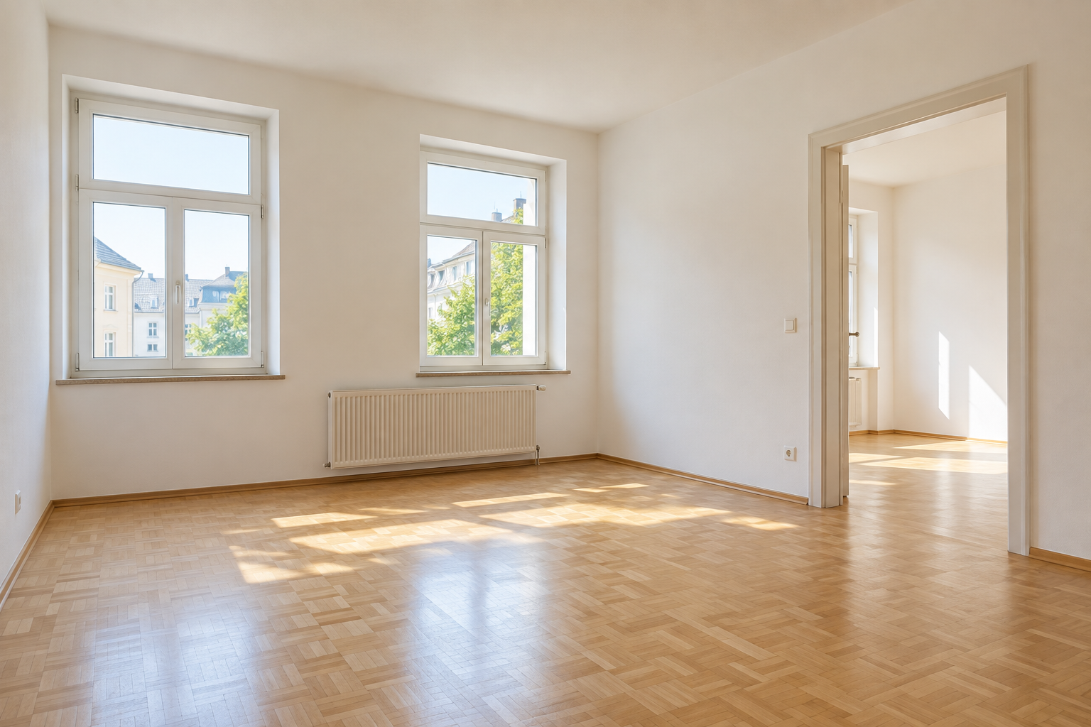 Heller leerer Wohnraum mit Parkett und zwei Fenstern