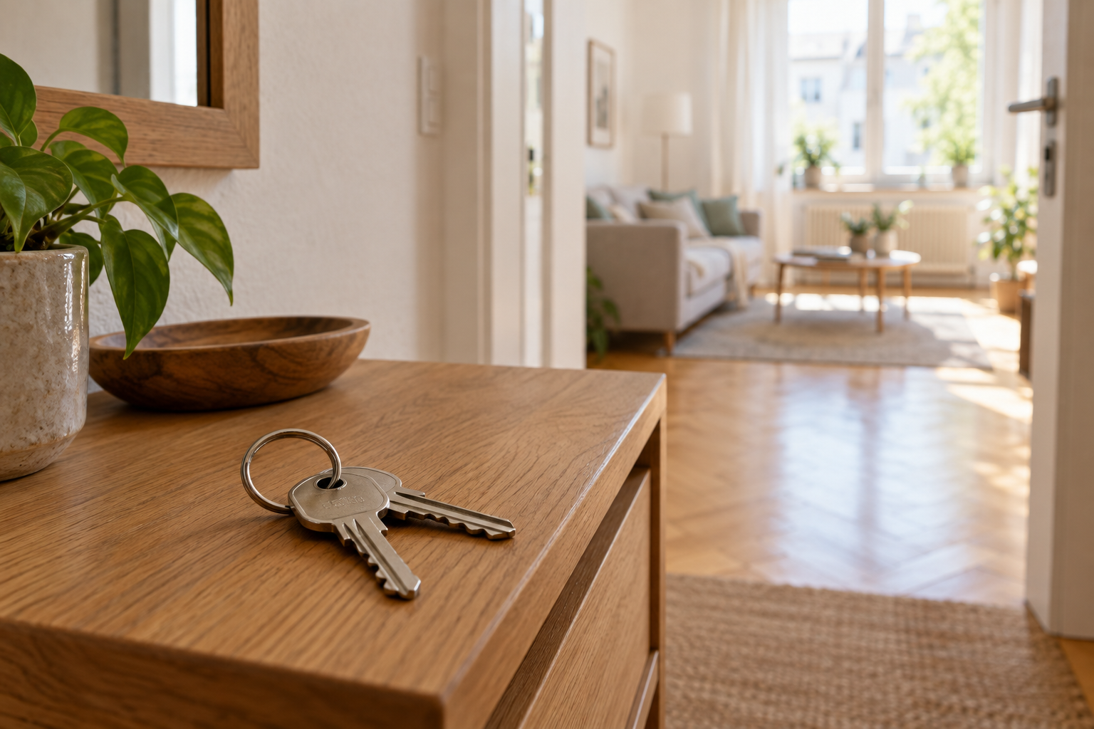 Wohnungsschlüssel auf einer Holzkonsole im Eingangsbereich